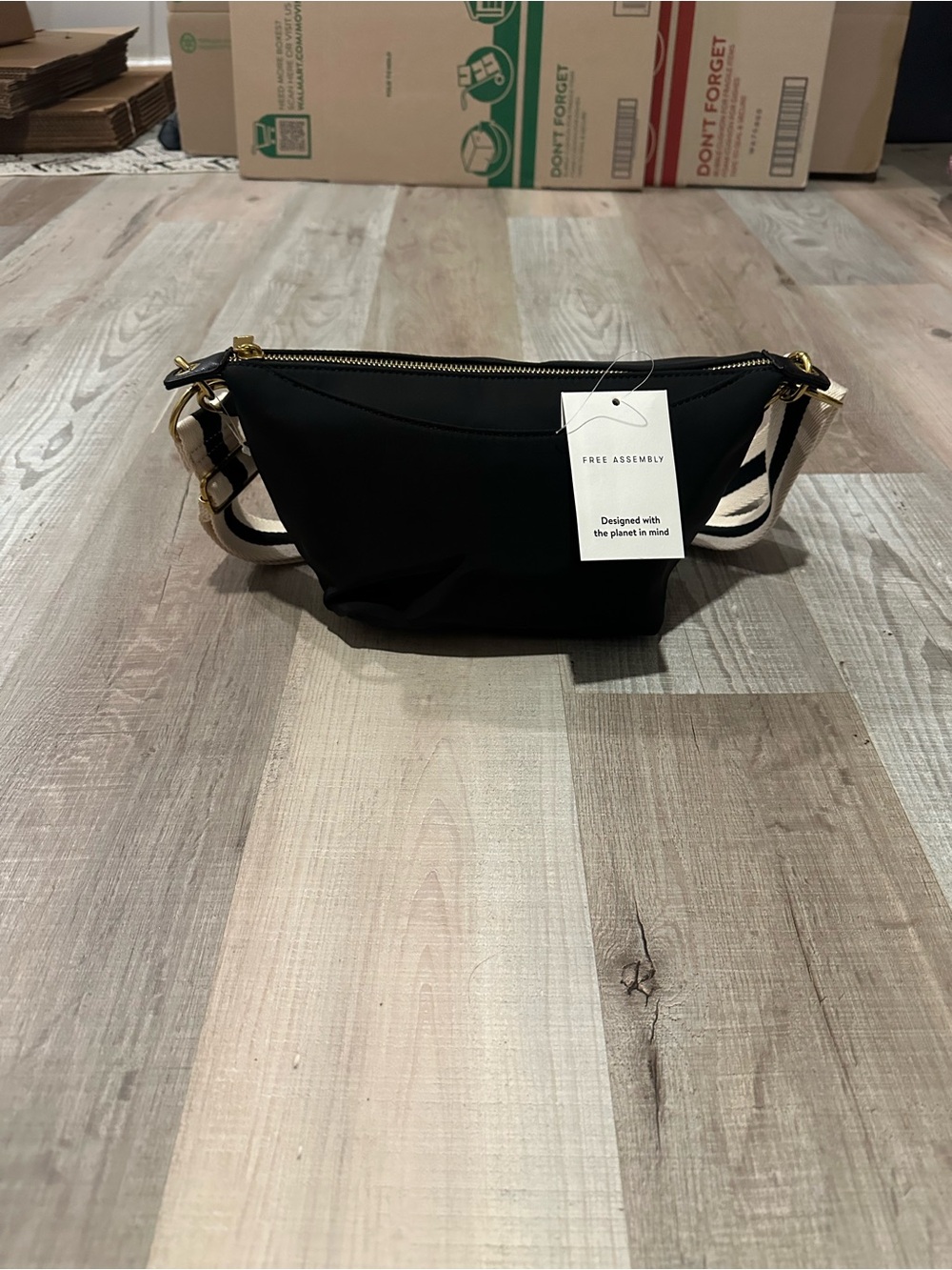 Free Assembly Black Shoulder Bag with Striped Strap